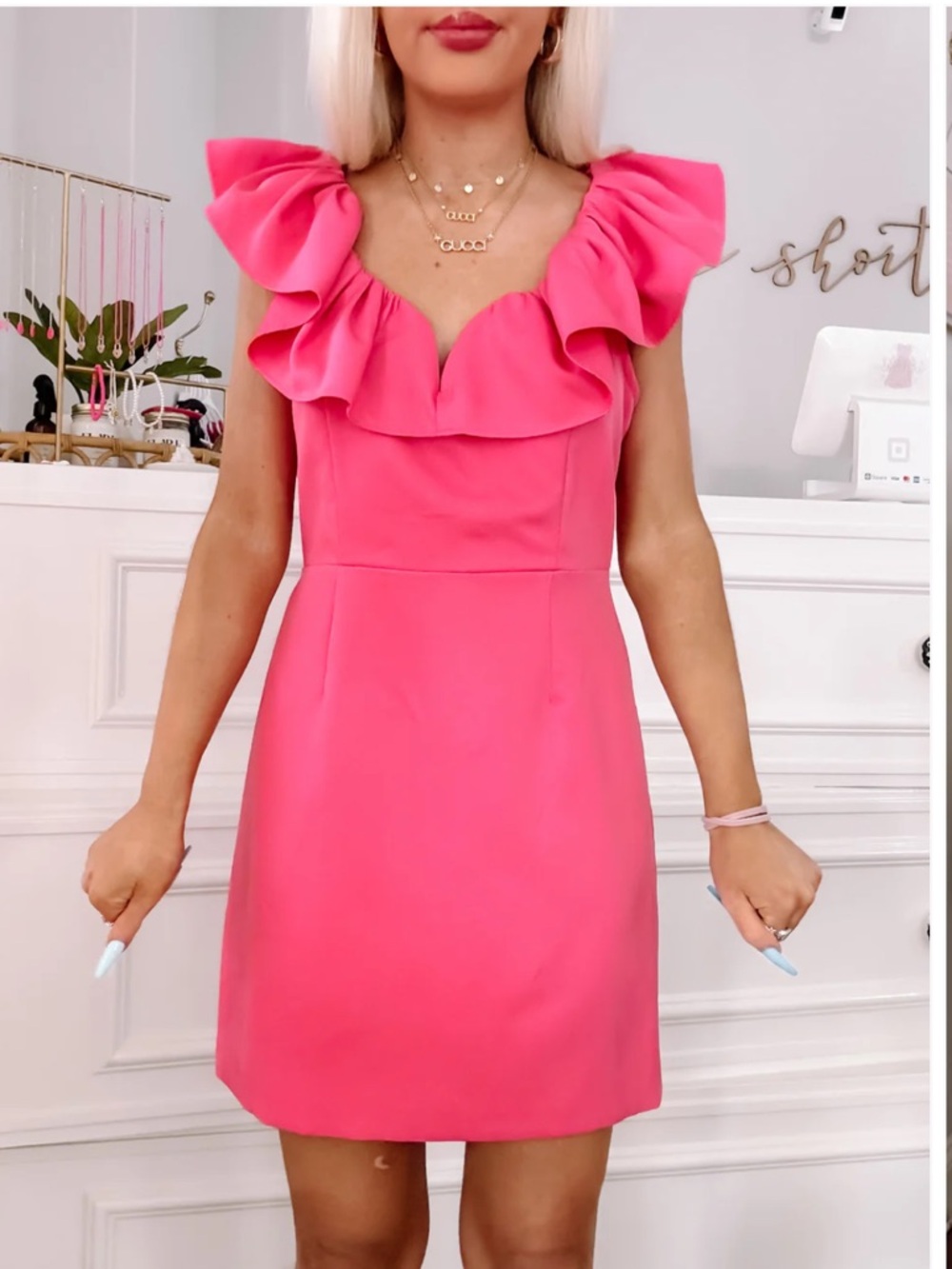DO+BE Hot Pink Ruffle-Trim Mini Sheath Dress Small